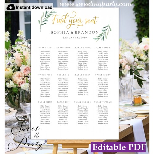 Greenery seating chart template, Gold seating chart template, (78a)